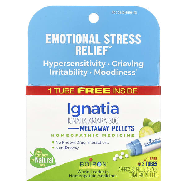 Boiron, Ignatia Amara, Alívio do Estresse Emocional, Meltaway Pellets, 30C, 3 Tubos, 80 Pellets Cada