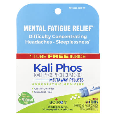 Boiron, Kali Phosphoricum, Mental Fatigue Relief, Meltaway Pellets, 30C, 3 Tubes, Approx. 80 Pellets Each