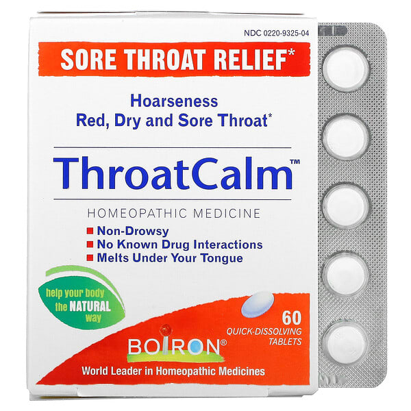 Boiron, ThroatCalm, Alivio del dolor de garganta, 60 comprimidos de rápida disolución