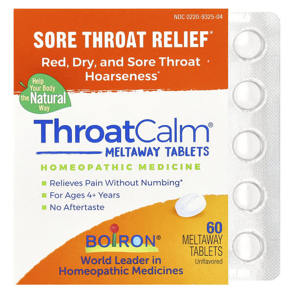 Boiron, ThroatCalm®, Sore Throat Relief, For Ages 4+ Years, Unflavored, 60 Meltaway Tablets