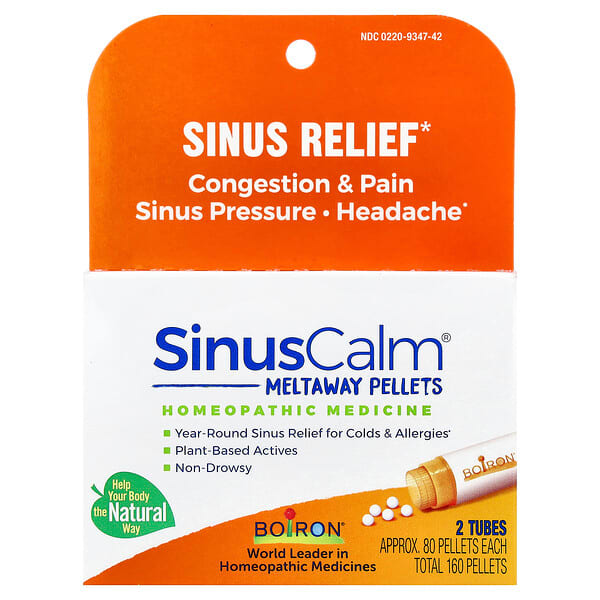Boiron, SinusCalm®, Alivio para los senos paranasales, 2 tubos, 80 gránulos cada uno