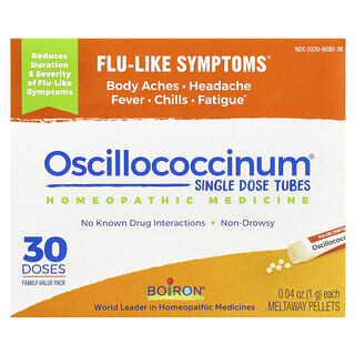 Boiron, Oscillococcinum, Single Dose Tubes, Flu-Like Symptoms, Ages 2+, 30 Meltaway Pellets , 0.04 oz (1 g) Each