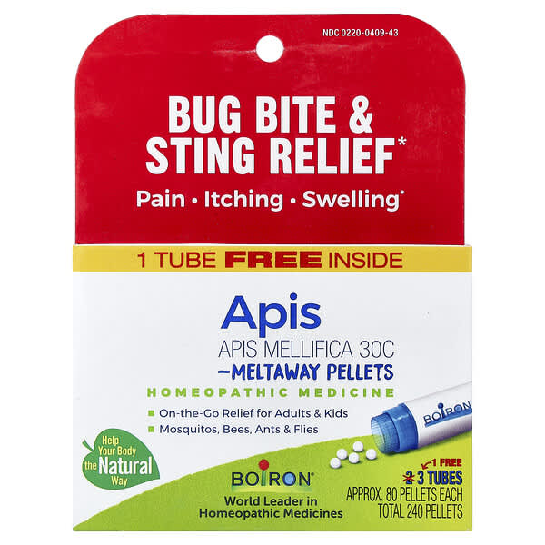 Boiron, Apis, Meltaway Pellets, 3 Tubes, Approx. 80 Pellets Each