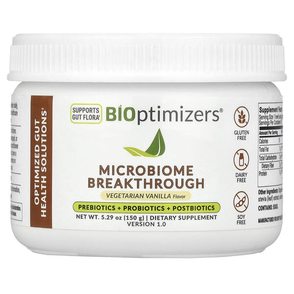 BIOptimizers, 마이크로바이옴 혁신, 프리바이오틱 + 프로바이오틱 + 포스트바이오틱, 식물성 바닐라, 150g(5.29oz)