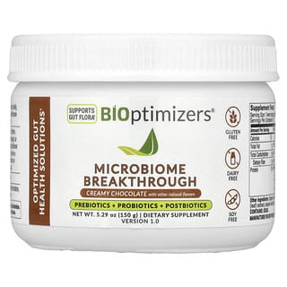 BiOptimizers, Microbiome Breakthrough, Prébiotiques + Probiotiques + Postbiotiques, Chocolat crémeux, 150 g