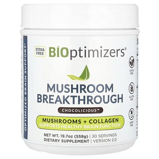 BiOptimizers, Mushroom Breakthrough（マッシュルームブレークアウト）、マッシュルーム＋コラーゲン、Chocolicious™（チョコリシャス）、558g（19.7オンス）