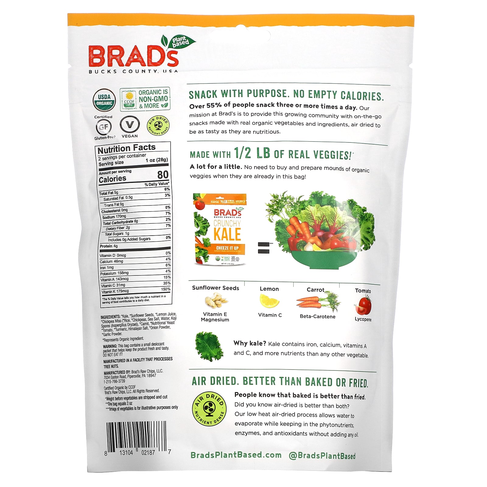 Brad's Plant Based, Crunchy Kale, Cheeze It Up, 2 oz (57 g)