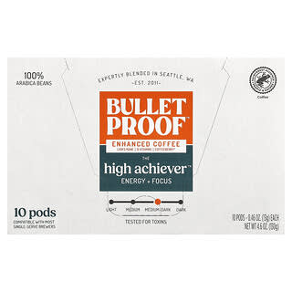 BulletProof, The High Achiever Coffee Pads, Kaffeepads für High Achiever, mitteldunkle Röstung, 10 Pads, je 13 g (0,47 oz.).