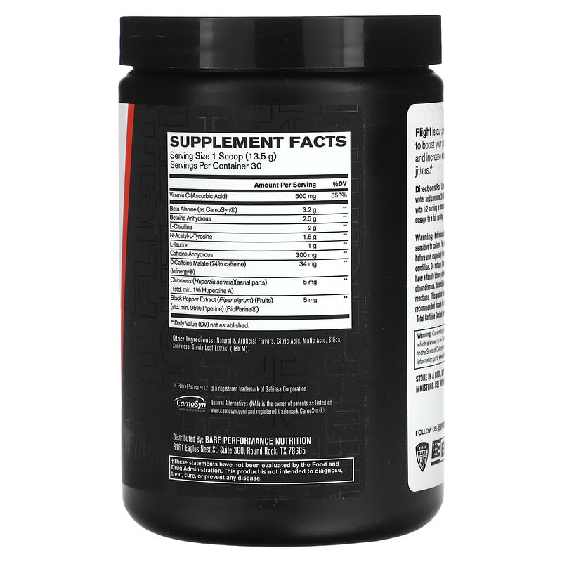 Bare Performance Nutrition, Flight Pre Workout, Energy, Focus & Endurance,  Formulated with Caffeine Anhydrous, DiCaffeine Malate, N-Acetyl Tyrosine  (30 Servings, Blue Raspberry)