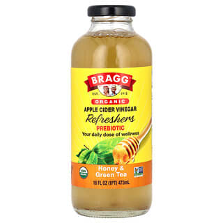 Bragg‏, מרענן חומץ סיידר תפוחים אורגני, פרה-ביוטיקה, דבש ותה ירוק, 473 מ"ל (16 אונקיות נוזל)