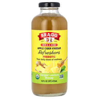 Bragg, Rafraîchissants au vinaigre de cidre de pomme biologique, Prébiotiques, Gingembre et miel, 473 ml