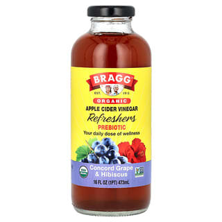Bragg, освежающий органический яблочный уксус, пребиотик, виноград конкорд и гибискус, 473 мл (16 жидк. унций)
