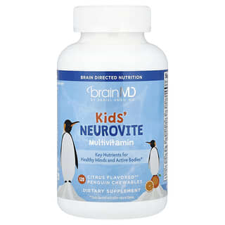 BrainMD, Multivitaminico Neurovite per bambini, agli agrumi, 120 compresse masticabili ai pinguini