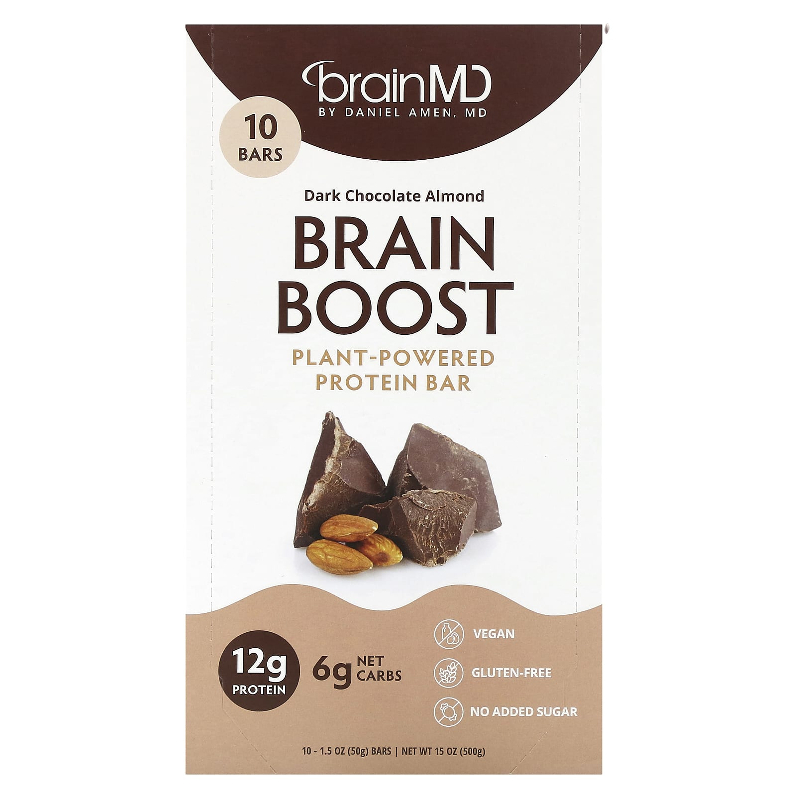 BrainMD, 브레인 부스트, 식물성 단백질 바, 다크 초콜릿 아몬드, 10개, 개당 50g(1.5oz) Brainmd, 브레인 부스트, 식물성 단백질 바, 다크 초콜릿 아몬드, 10개, 개당 50G(1.5Oz)