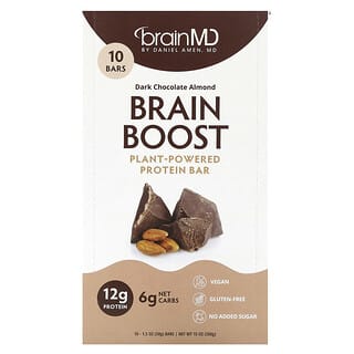 BrainMD, Brain Boost, Barre protéinée à base de plantes, Chocolat noir aux amandes, 10 barres, 50 g chacune