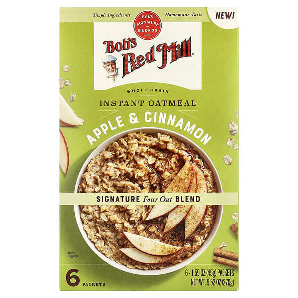 Bob's Red Mill, Pełnoziarniste płatki owsiane błyskawiczne, z jabłkiem i cynamonem, 6 saszetek po 45 g