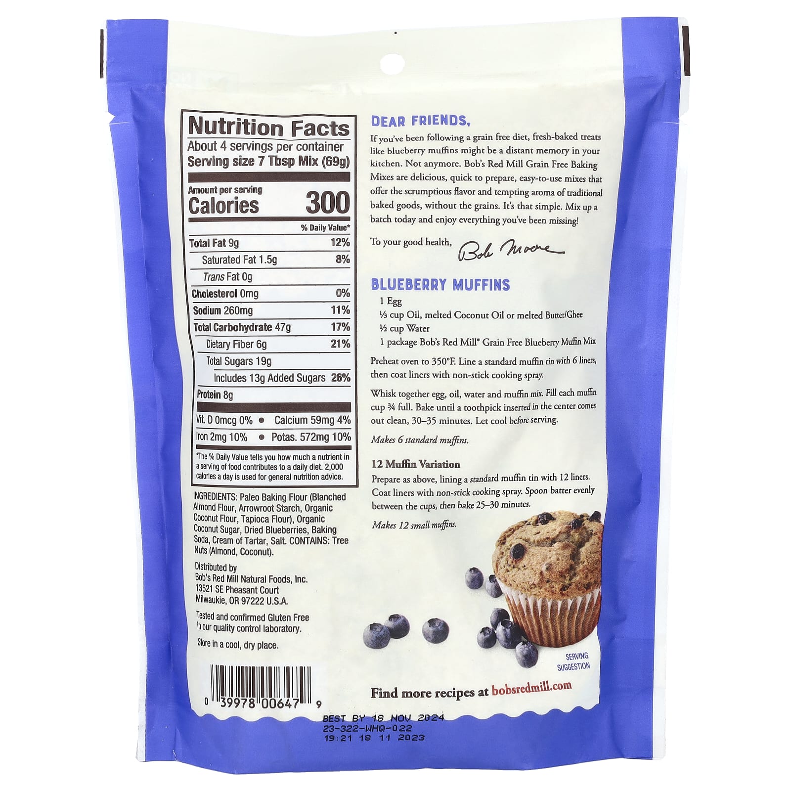 Bob's Red Mill, Grain Free Blueberry Muffin Mix, Made With Almond Flour
