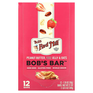 Bob's Red Mill‏, Bob's Bar, חמאת בוטנים, ג'לי ושיבולת שועל, 12 חטיפים, 50 גרם (1.76 אונקיות) כל אחד