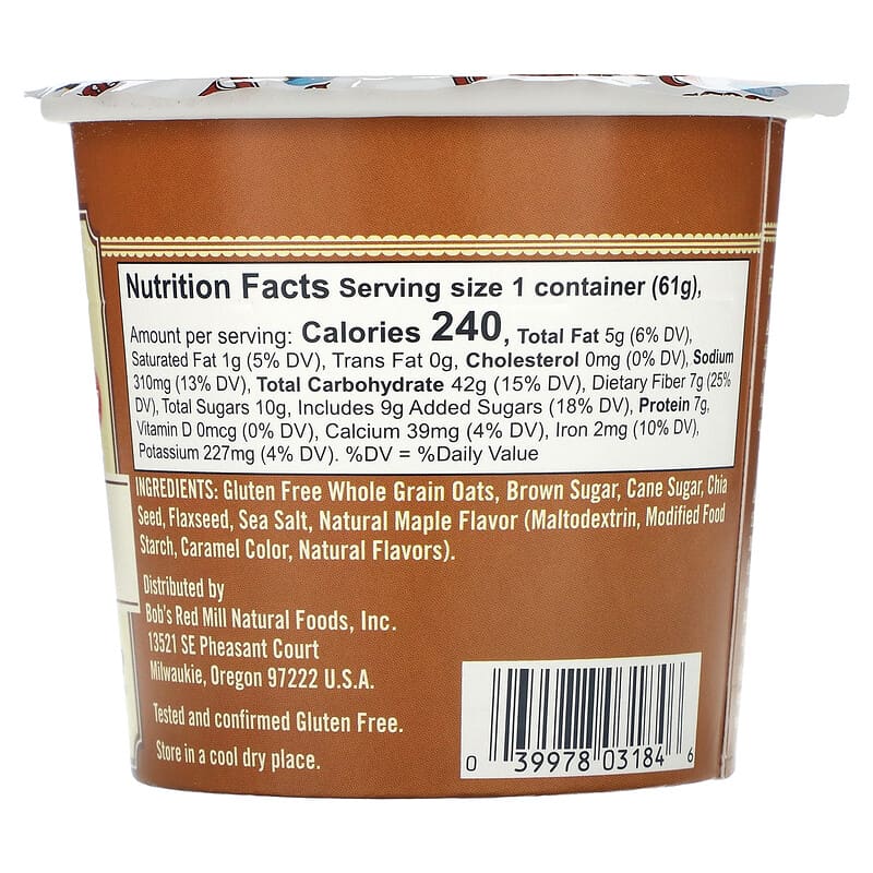 Bob's Red Mill Gluten-Free Oatmeal Cup - Maple & Brown Sugar Flavor, 2.15 Ounce Single Serve