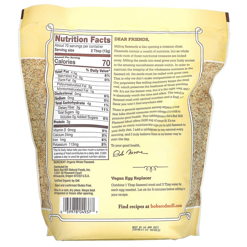  Bob's Red Mill Golden Flaxseed Meal, Organic, Gluten Free,  Whole Ground, 16 Ounce : Grocery & Gourmet Food