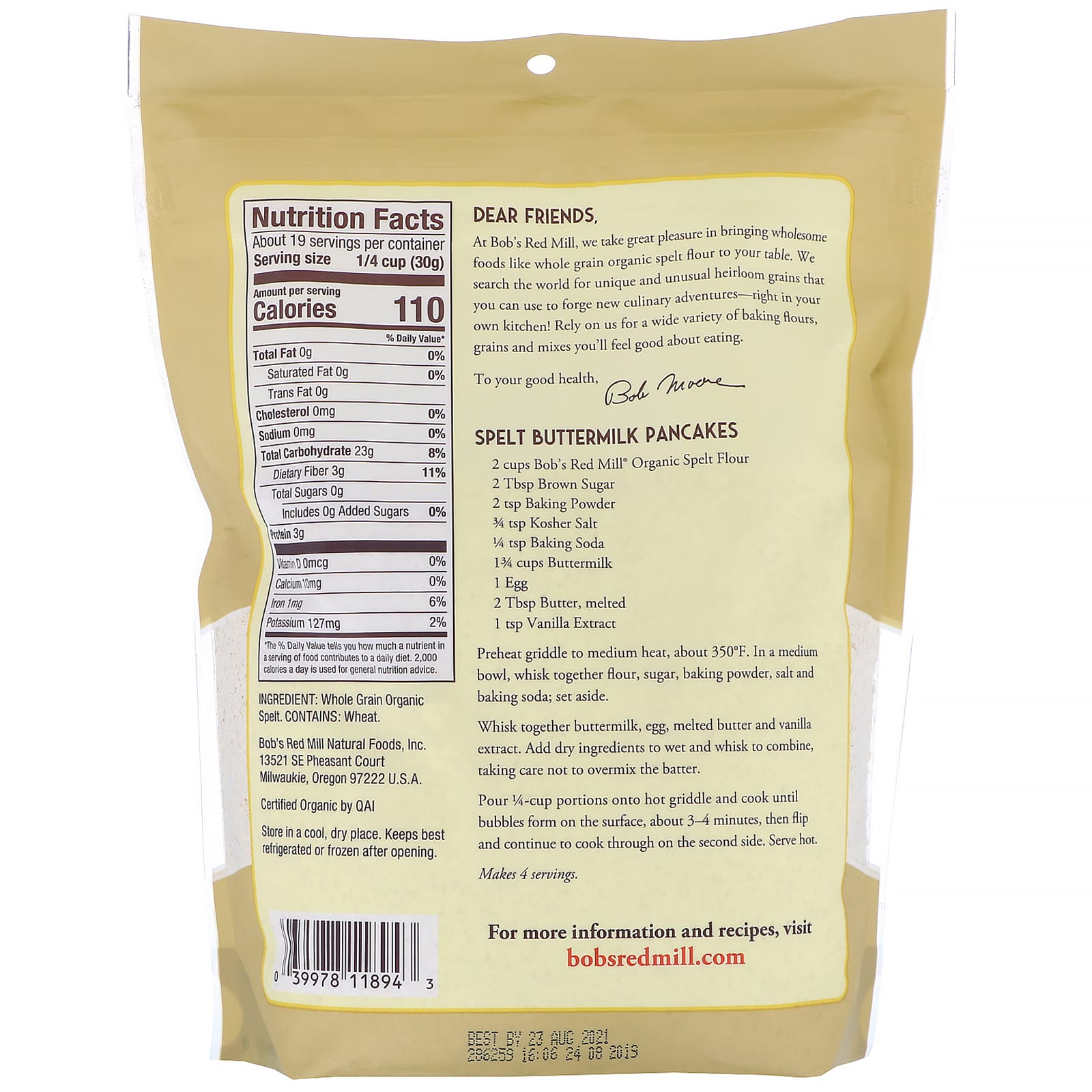 Bob's Red Mill, Organic Spelt Flour, Whole Grain, 20 oz (567 g)