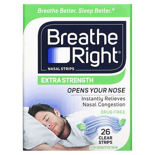 Breathe Right, Полоски для носа, усиленная, для чувствительной кожи, 26 прозрачных полосок