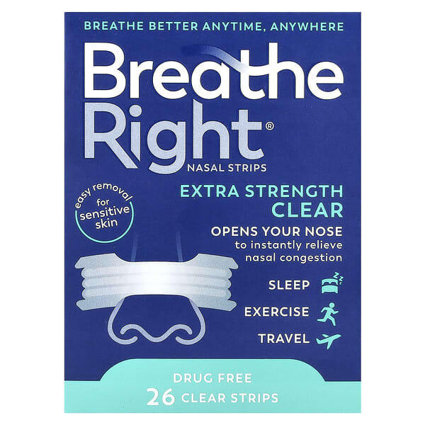 Breathe Right, 鼻貼，特強型，透明，適合敏感肌膚，26 片透明鼻貼