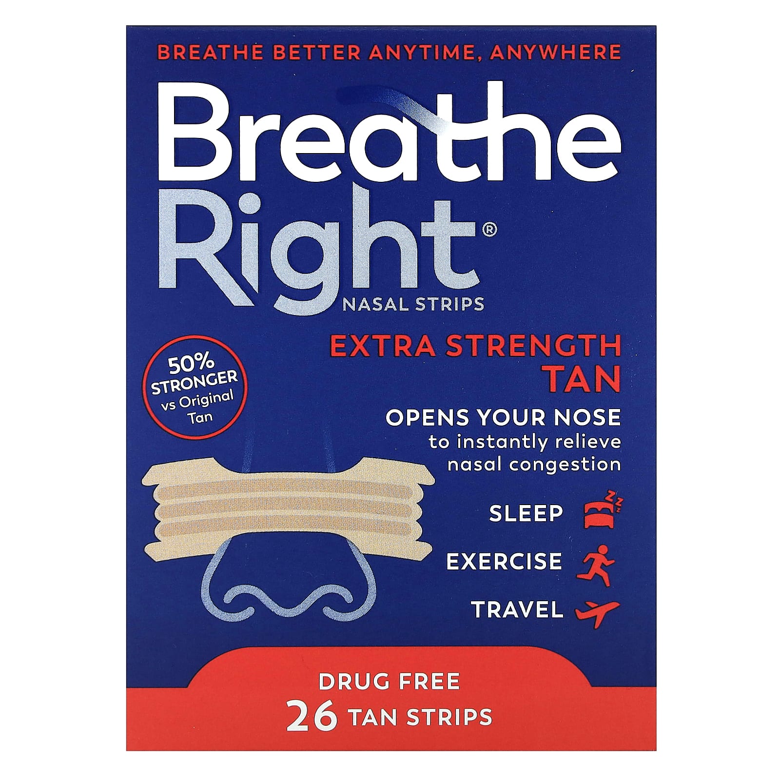 Breathe Right, Tiras nasales, Concentración extra, Bronceado, 26 tiras