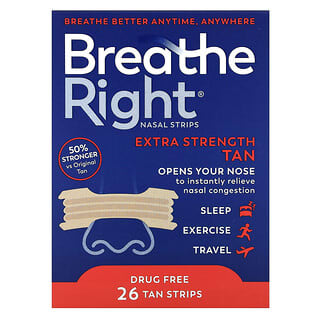 Breathe Right, полоски для носа, с повышенной силой действия, загар, 26 шт.