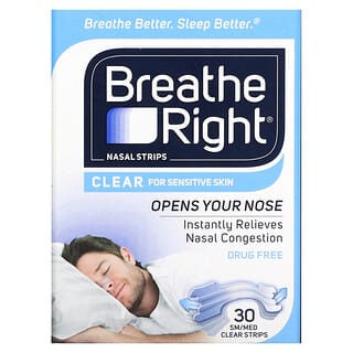 Breathe Right, Полоски для носа, средние / средние, прозрачные, 30 шт.