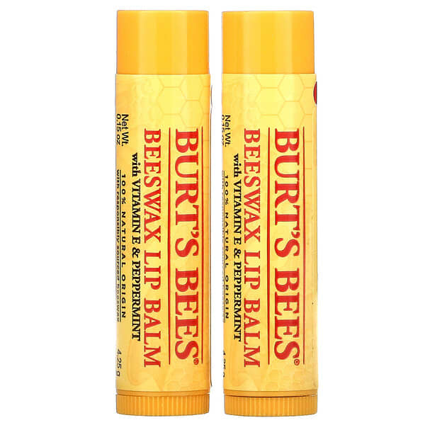 Burt's Bees, Beeswax Lip Balm, With VItamin E & Peppermint, 2 Pack, 0.15 oz (4.25 g) Each