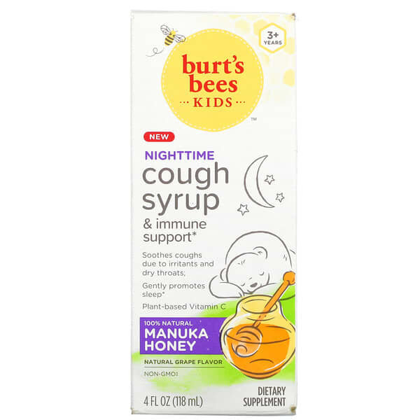 Burt's Bees, Niños, Jarabe para la tos y refuerzo inmunitario, Para la noche, 3 años o más, Uva natural, 118 ml (4 oz. Líq.)