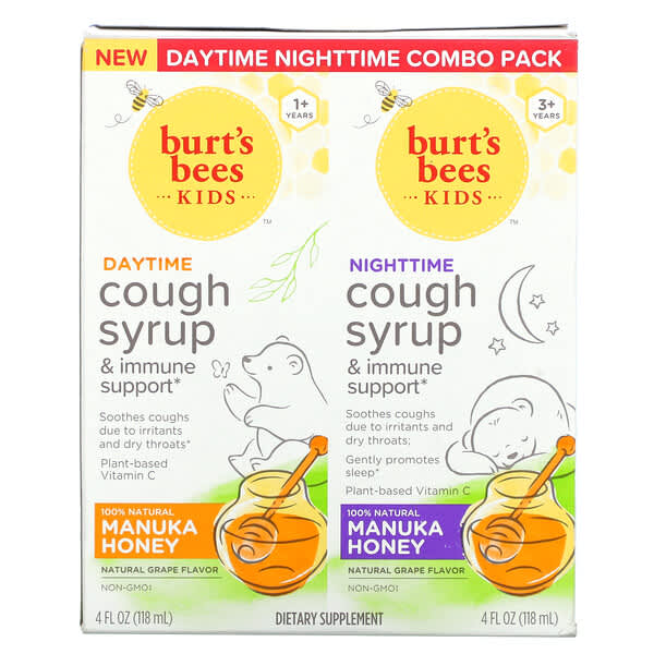 Burt's Bees, 兒童，日夜咳嗽緩解糖漿和機體抵抗幫助，組合包，天然葡萄味，2 包，每包 4 液量盎司（118 毫升）