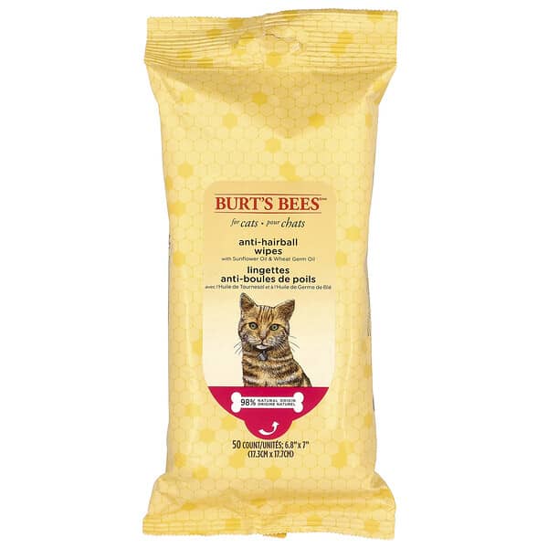 Burt's Bees, 含葵花籽油和小麥胚芽油的防毛團溼巾，貓用，50 張