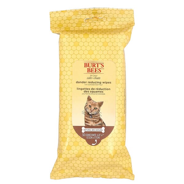 Burt's Bees, Dander Reducing Wipes with Colloidal Oat Flour, For Cats, 50 Count