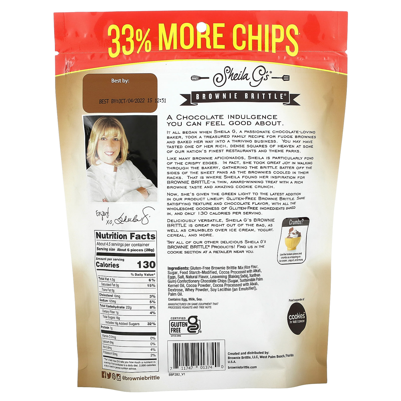 Sheila G's, Brownie Brittle, GlutenFree, Chocolate Chip, 4.5 oz (128 g)