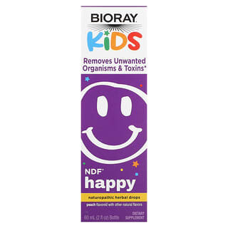 Bioray, NDF Happy สำหรับขจัดสิ่งมีชีวิตและสารพิษที่ไม่พึงประสงค์ สำหรับเด็ก รสพีช ขนาด 2 ออนซ์ (60 มล.)