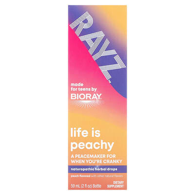 Bioray, Rayz, Life Is Peachy, Herbal Drops for Teens, Peach Flavor, 2 fl oz (59 ml)