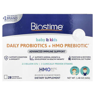 Biostime, Bebês e Crianças, Probióticos Diários + Prebiótico HMO, 3 Meses a 6 Anos, Sem Sabor, 28 Embalagens de Sachês, 1,5 g (0,05 oz) Cada