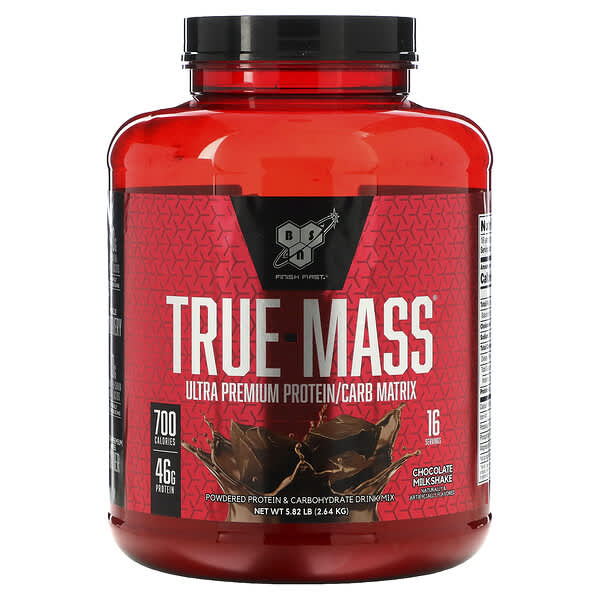 BSN‏, True-Mass, מטריקס חלבונים/פחמימות איכותי במיוחד, מילקשייק שוקולד, 2.64 ק"ג (5.82 lbs)