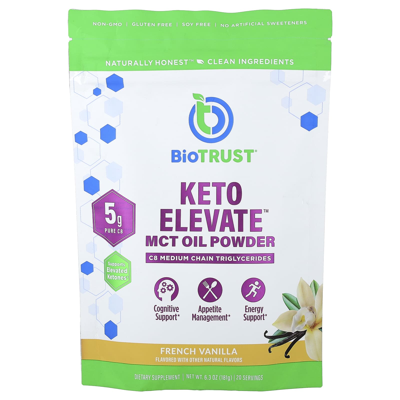 BioTRUST, Keto Elevate™, порошок из масла MCT, французская ваниль, 181 г (6,3 унции)