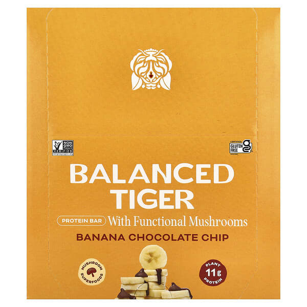 Balanced Tiger Protein Bar, Banana Chocolate Chip, 12 Bars, 1.55 oz (44 g) Each