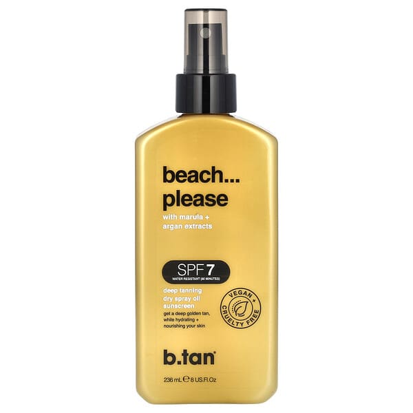 b.tan, 비치...플리즈, 드라이 스프레이 오일 자외선 차단제, SPF 7, 딥 태닝, 236ml(8fl oz)