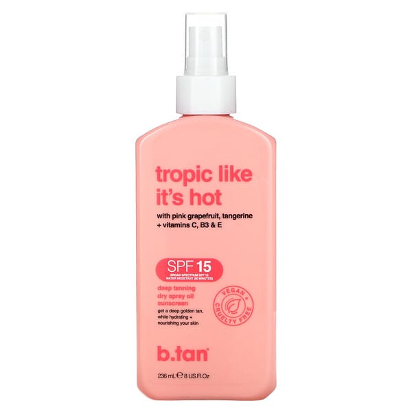 b.tan, 트로픽 라이크 잇츠 핫, 딥 태닝 드라이 스프레이 오일 자외선 차단제, SPF 15, 236ml(8fl oz)