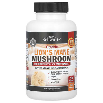 BioSchwartz, Organic Lion's Mane Mushroom with Bioperine Black Pepper Extract, 90 Veggie Caps