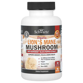 بيو شوارتز‏, Organic Lion's Mane Mushroom with Bioperine Black Pepper Extract, 90 Veggie Caps