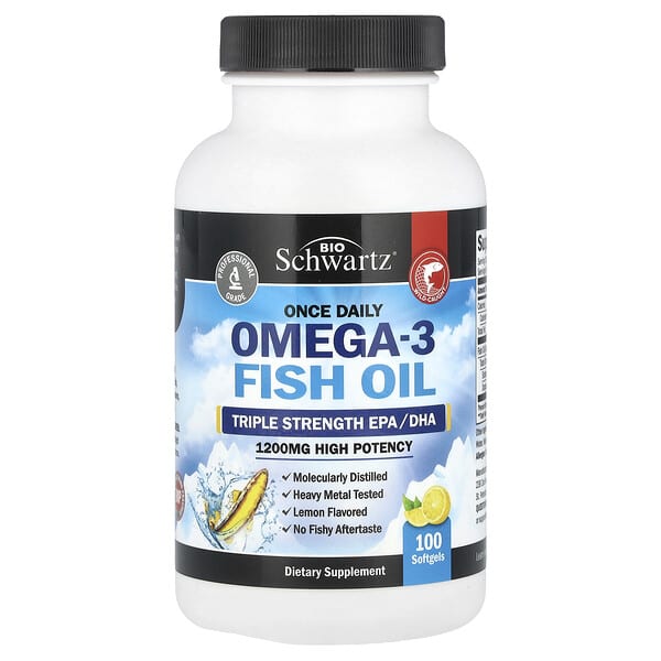 BioSchwartz, 每日一次 Omega-3 魚油，三倍強度，優效力，檸檬味，1200 毫克，100 粒軟膠囊