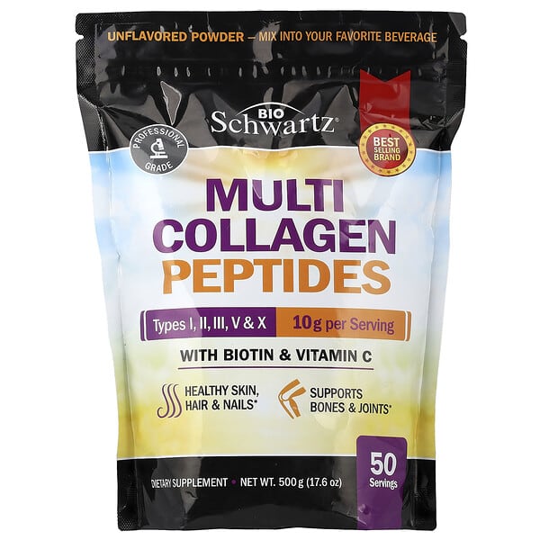 Multi Collagen Peptides Powder, Types I, II, III, V & X, With Biotin & Vitamin C, Unflavored, 17.6 oz (500 g)