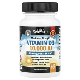 BioSchwartz, Vitamina D3, Máxima concentración, 250 mcg (10.000 UI), 180 cápsulas blandas