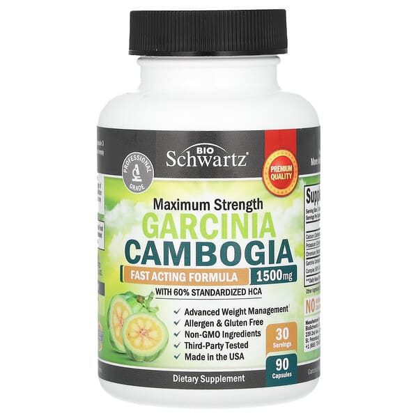 BioSchwartz, Garcinia cambogia, Concentración máxima, 1500 mg, 90 cápsulas (500 mg por cápsula)